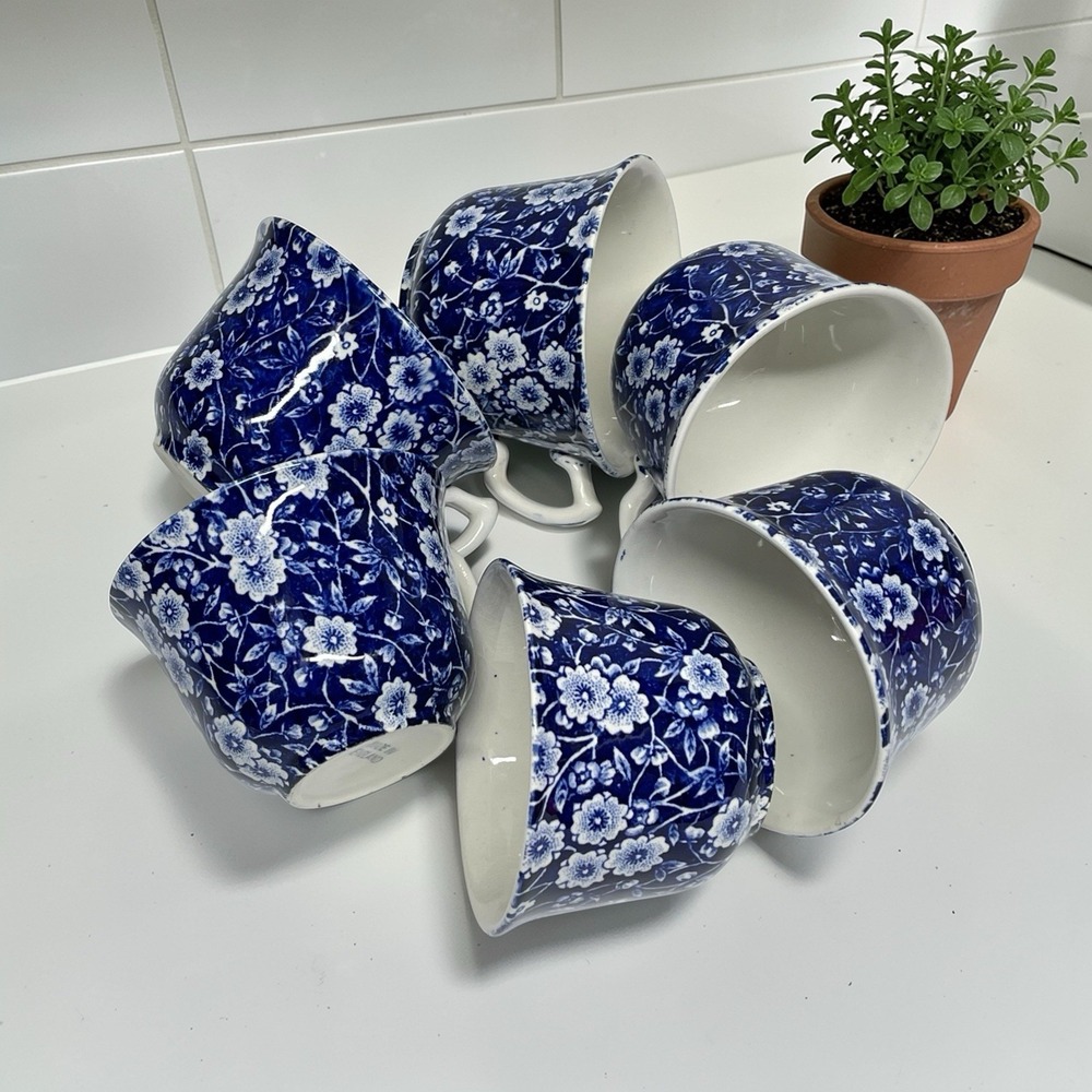 Vintage Crownford Staffordshire Blue Calico Lot Of 6 Teacups England‎ Ironstone